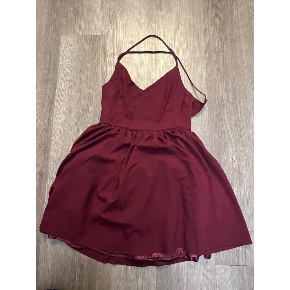 Tobi Burgundy V Neck Fit and Flare Mini Dress Cross Back Strappy Small TBS102